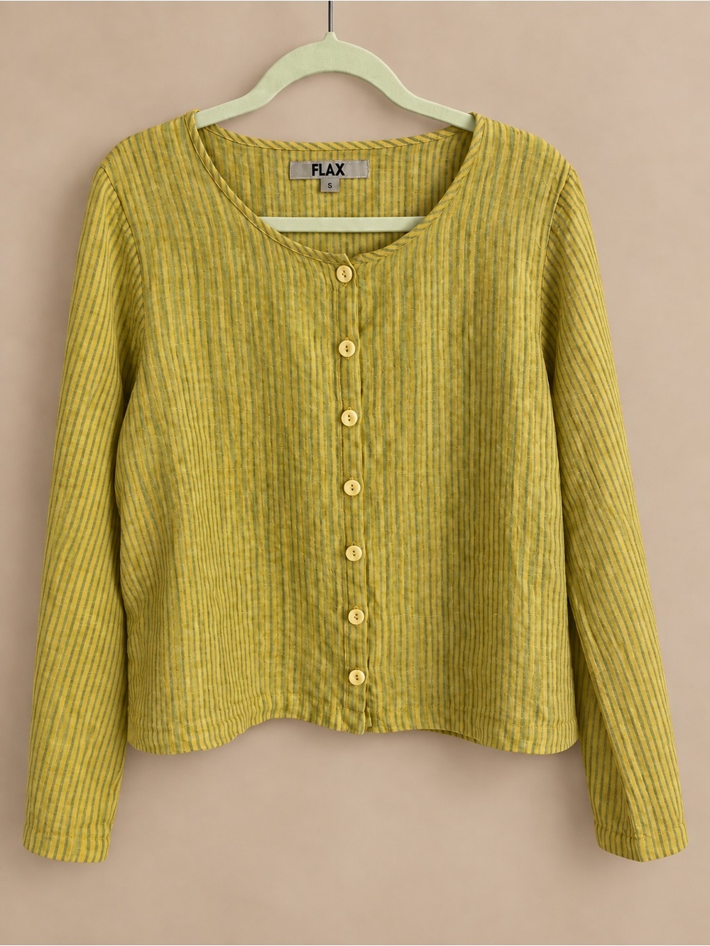 FLAX 100% Linen Striped Yellow and Green Button-Down Top